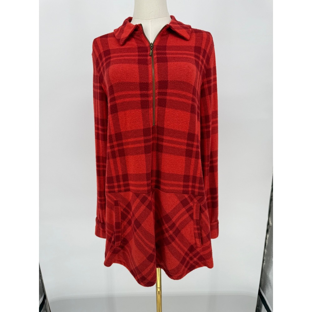 Soft‎ Surroundings Womens Plaid Tunic Dress Full Zip Up Collar Red